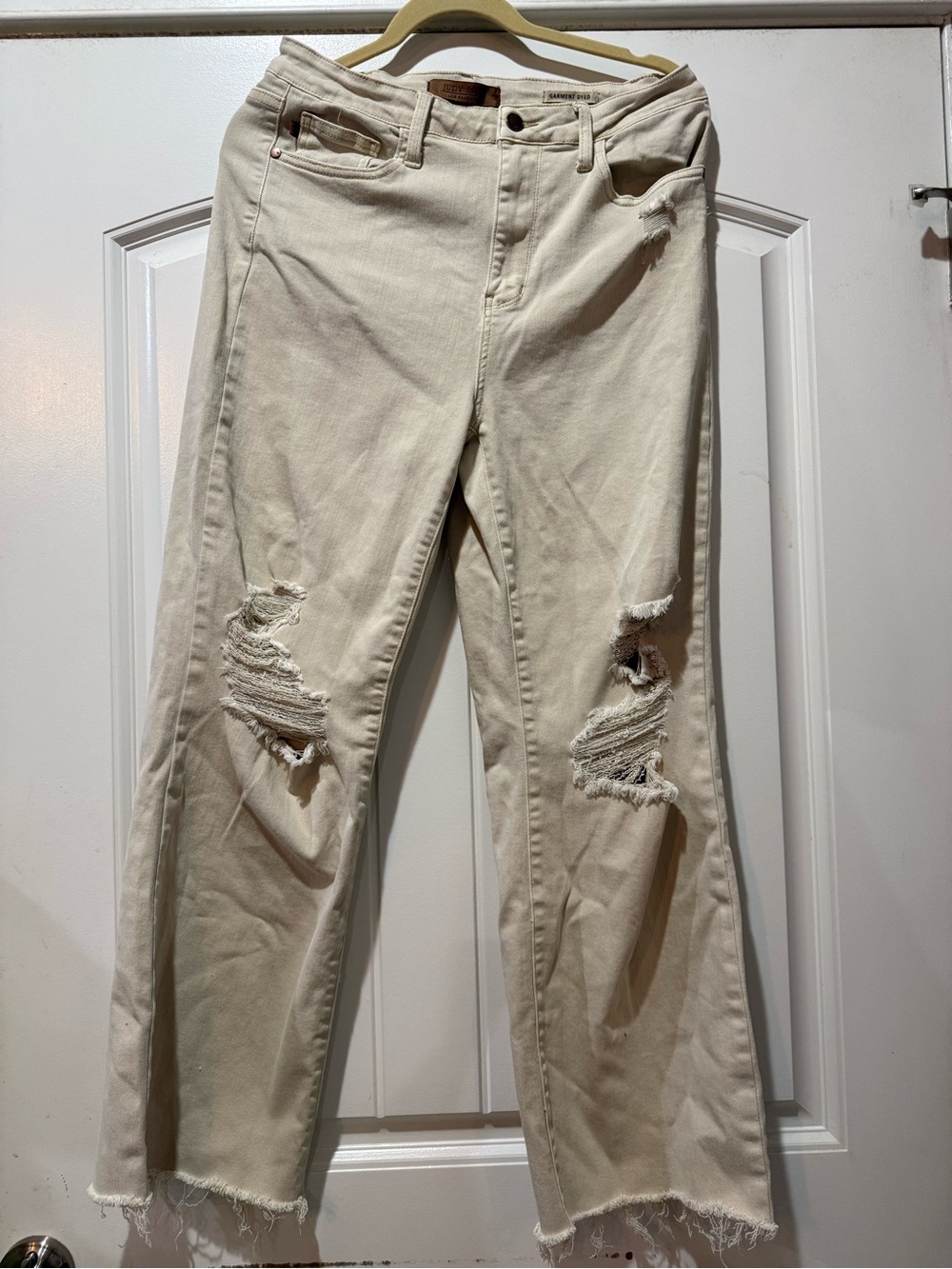 Judy Blue Cream Distressed Wide Leg Jeans with Frayed Hem